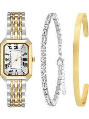 Women's Gold Silver Jewelry Stainless Steel Diamond Bangle Bracelets Set Watch